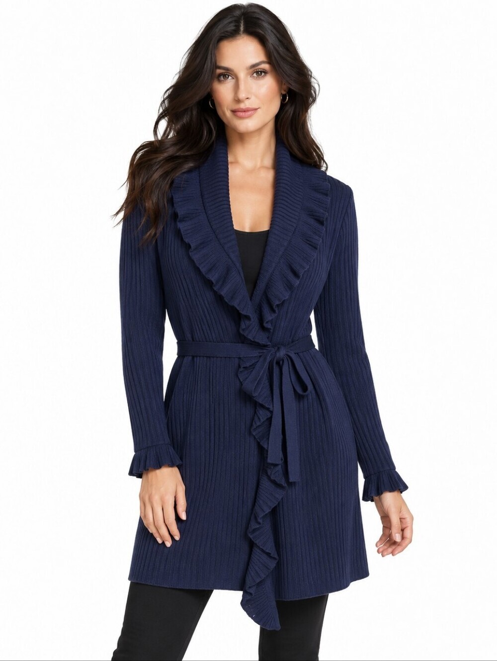 St John Collection Vintage 2004 Navy Ruffle Kelly Coat Cardigan Belted Sz 10